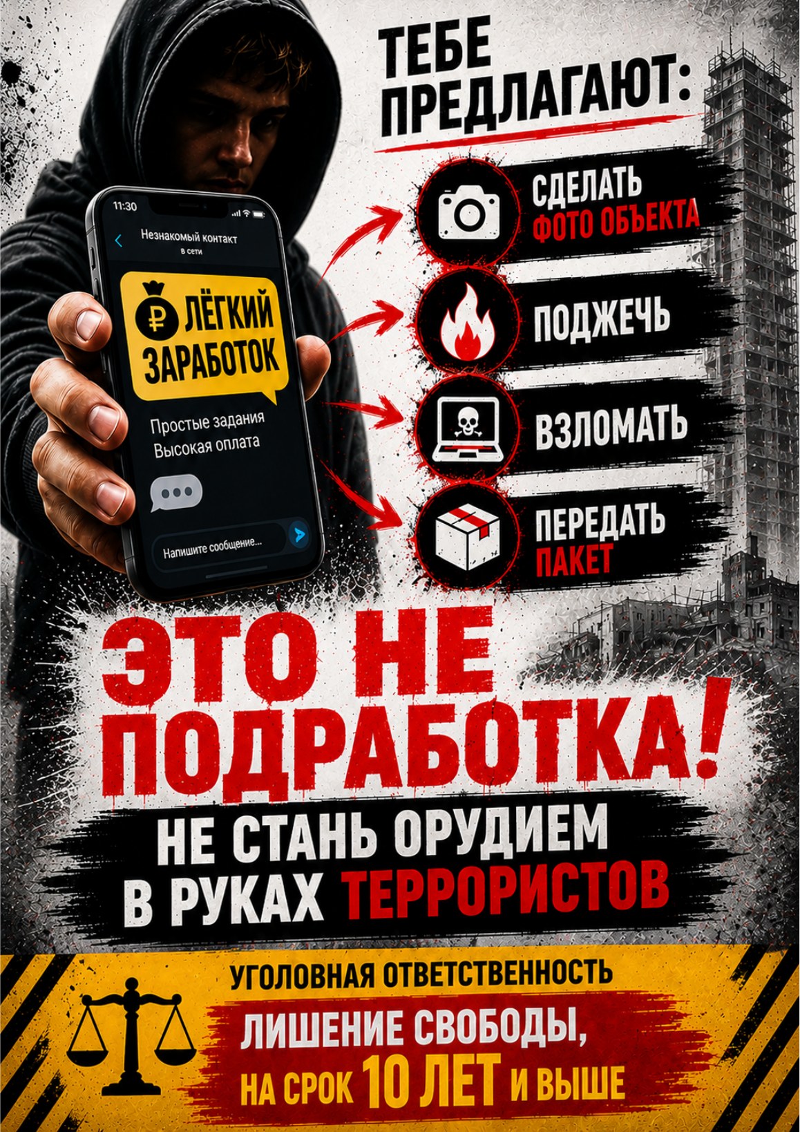 Плакат: «Это не подработка! Не стань орудием в руках террористов»