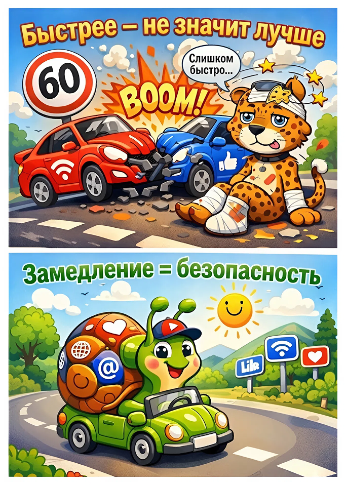 Плакат «Быстрее — не значит лучше. Замедление = безопасность»